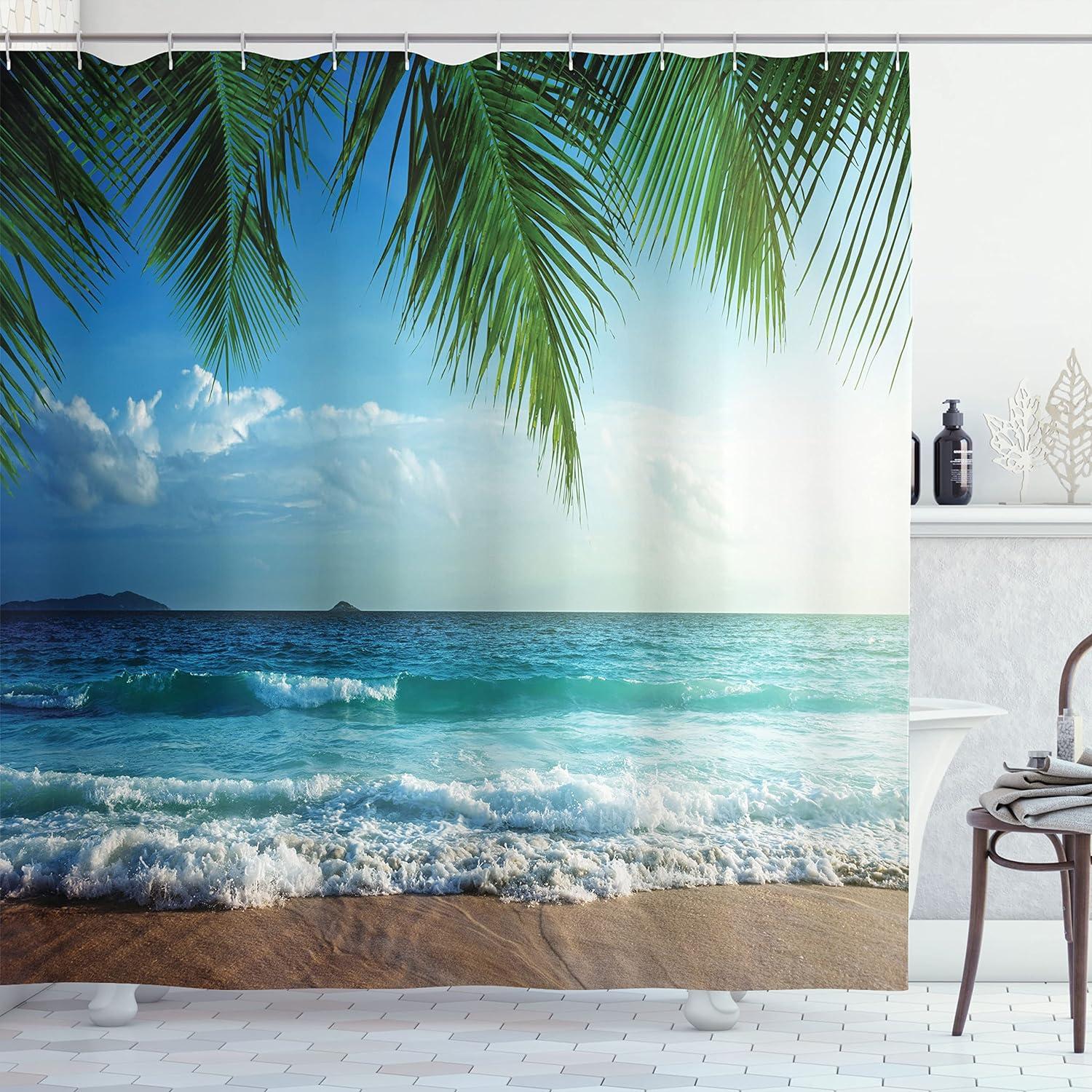 Tropical Beach Scene Polyester Shower Curtain with Hooks