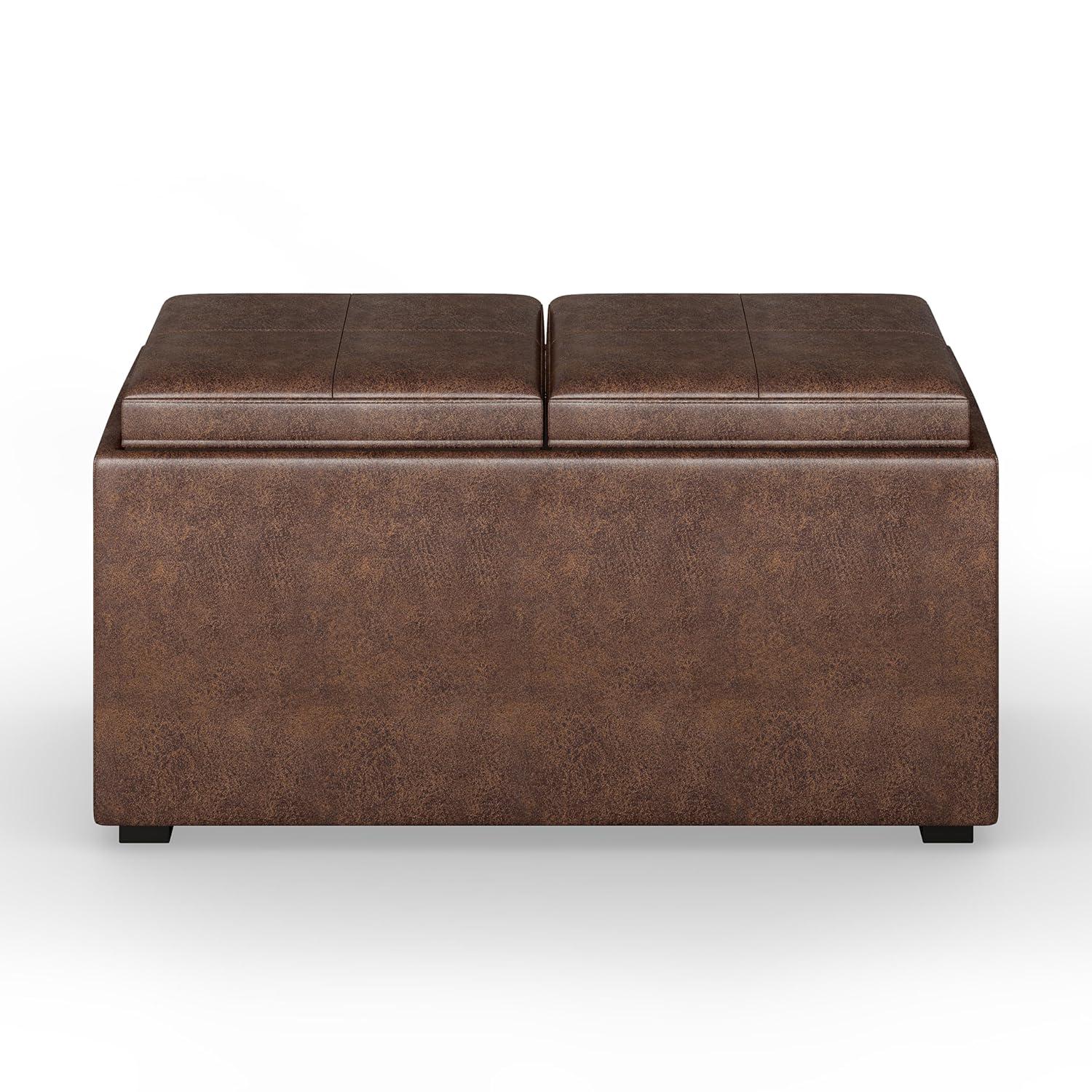 Simpli Home Avalon 35"W Upholstered Storage Ottoman Set with 5 Pieces and Flip-Over Serving Tray Lids