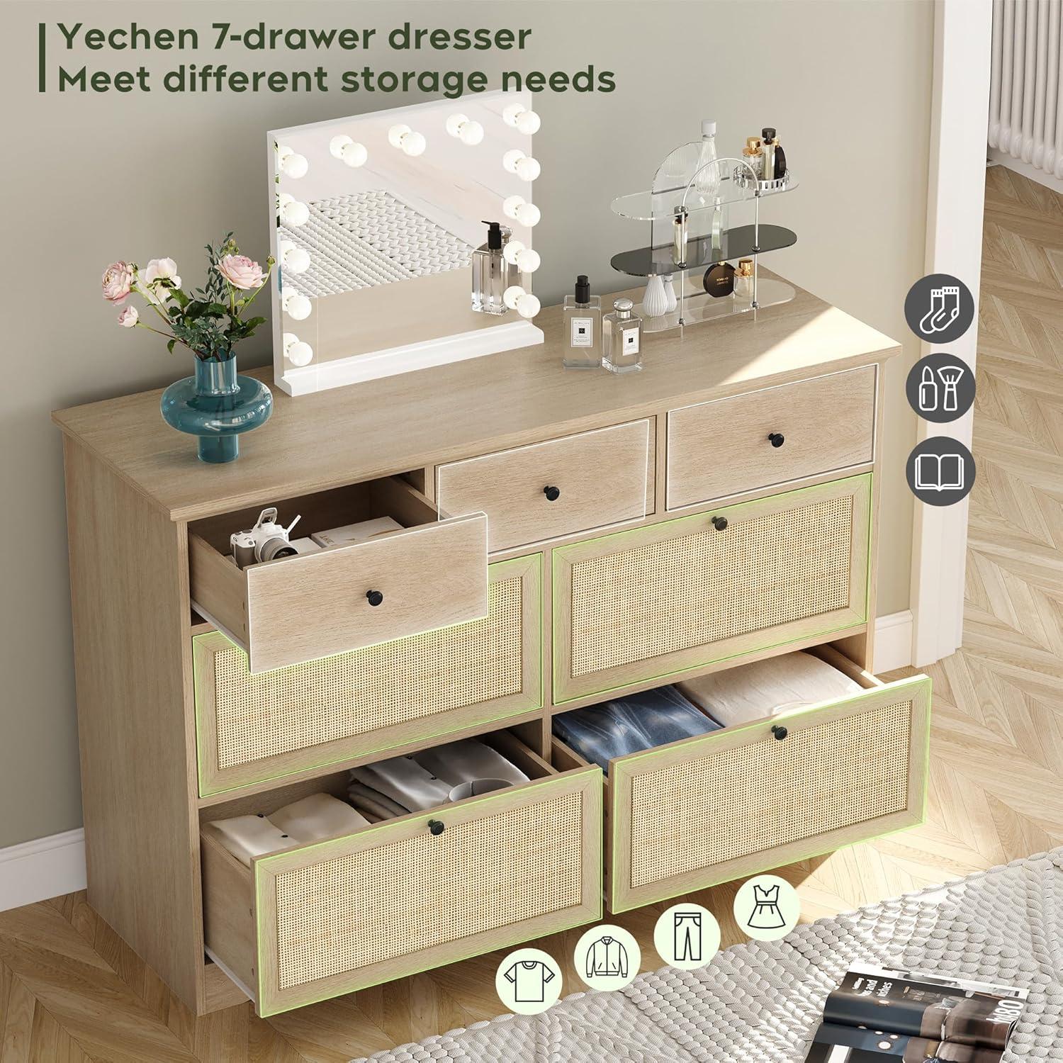 Yechen 7 Drawers Natural Rattan Dresser for Bedroom, Mid-Century Modern Natural Wood Dressers with Elegant Tabletop, Boho Chest of Drawers TV Stand with Sturdy Base for Living Room, Baby Nursery