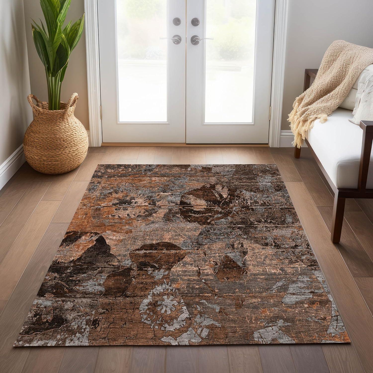 Terracotta Floral Synthetic 5' x 7' Washable Area Rug