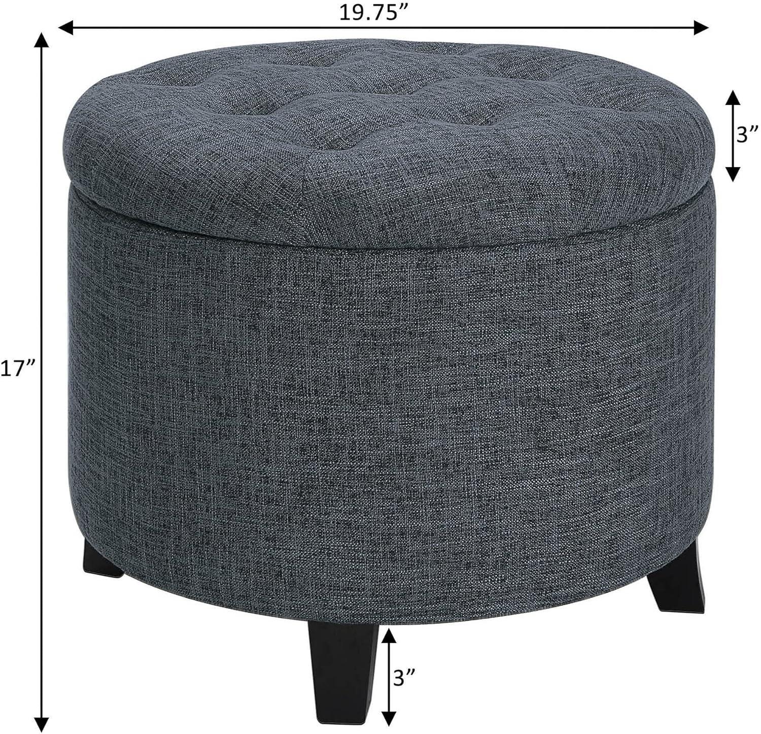 Stormy Gray Tufted Round Storage Ottoman with Dense Foam Cushion