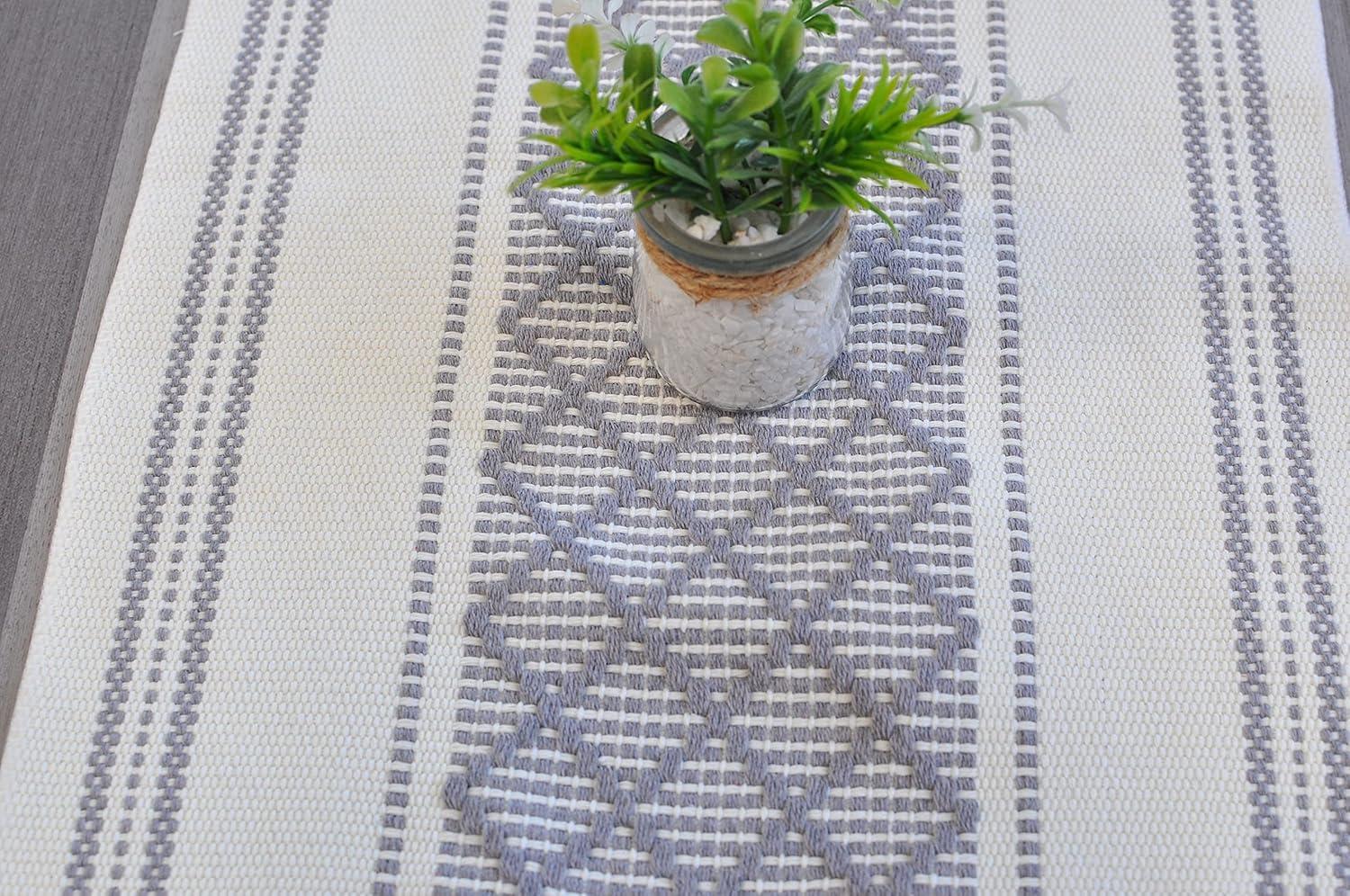 Gray and Cream Linen Table Runner with Tassels