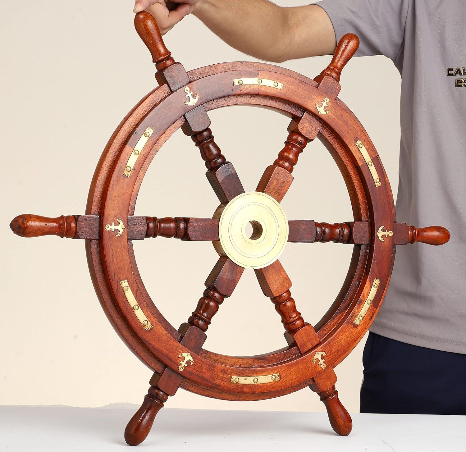 24" Dark Rosewood and Brass Nautical Ship Wheel Decor