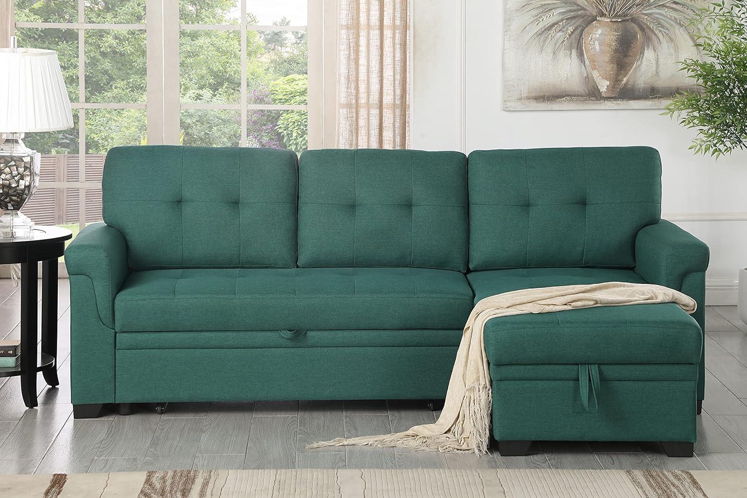 Lucca Green Linen Fabric Reversible Sleeper Sectional Sofa with Storage Chaise