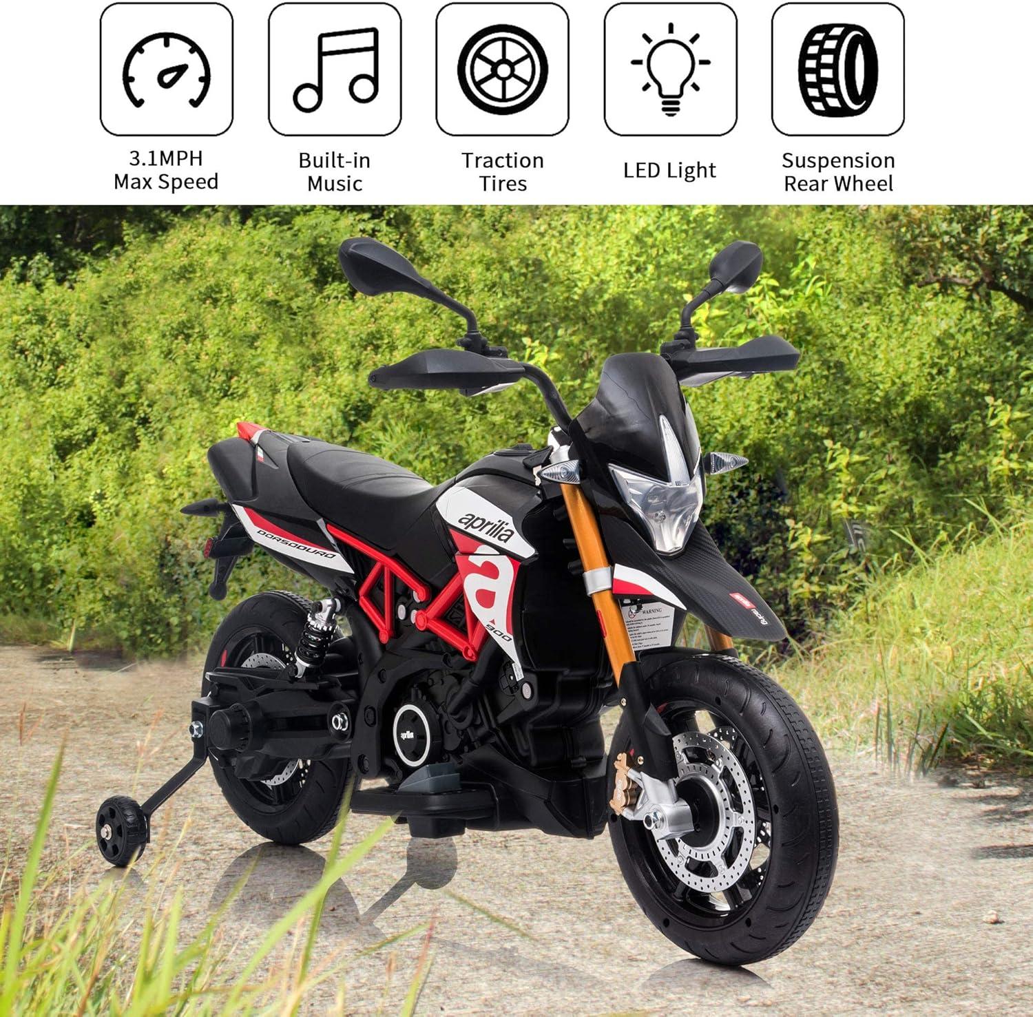 TOBBI Aprilia Licensed 12V Ride on Motorcycle Electric Motorbike for Kids Child Toys W/Training Wheels, Music, LED Lights, MP3, USB