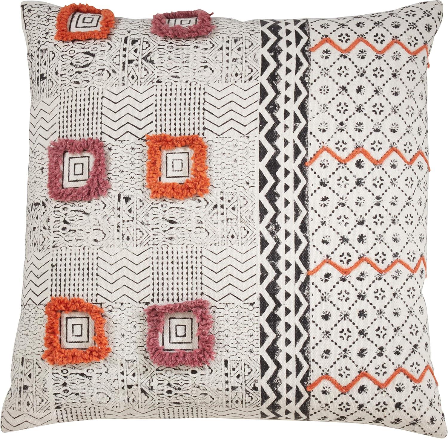 Saro Lifestyle Block Print Embroidered  Decorative Pillow Cover, Coral, 22"