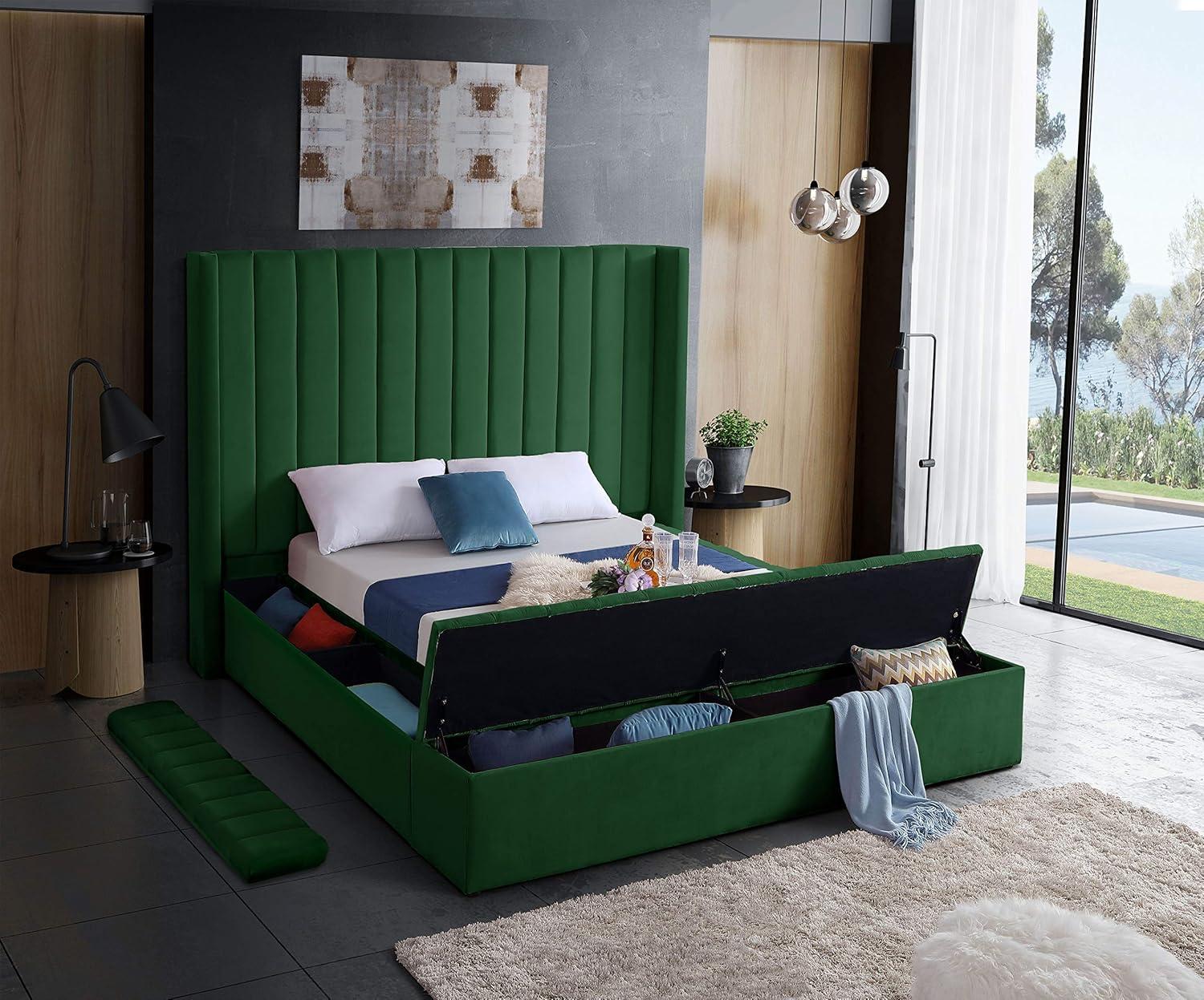 Meridian Furniture Kiki Solid Wood and Velvet Queen Bed in Green