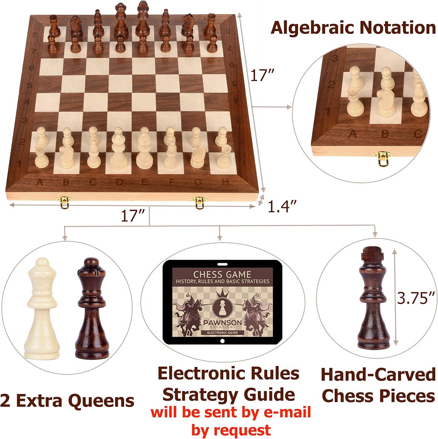 17" Walnut Wood Folding Chess Set with Hand-Carved Pieces