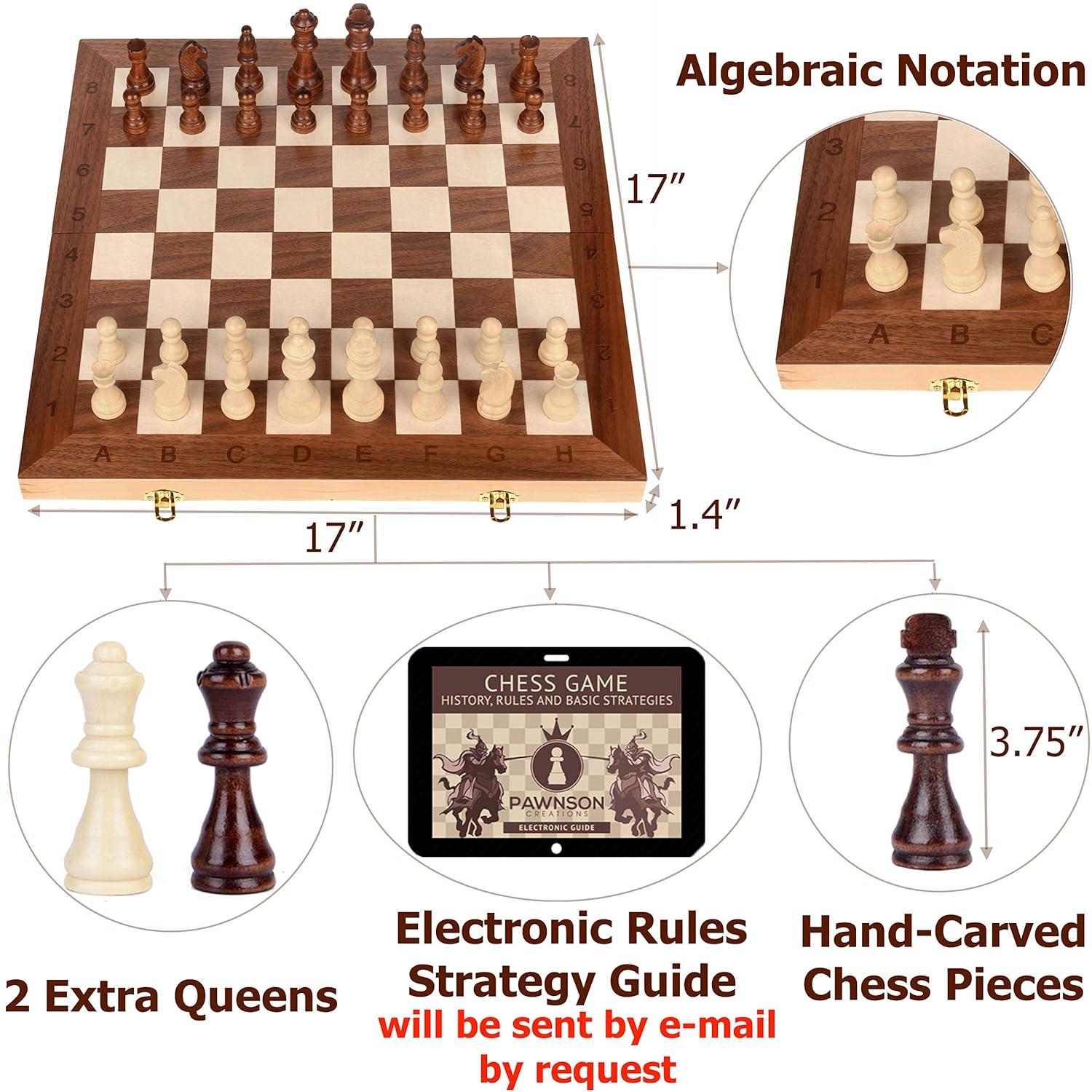 Wooden Chess Set 17 In Staunton Chess Set - Large Folding Chess Board Game Sets - Storage For Pieces | Wood Pawns - Unique E-Book For Beginner - 2 Extra Queens | For Kids & Adults