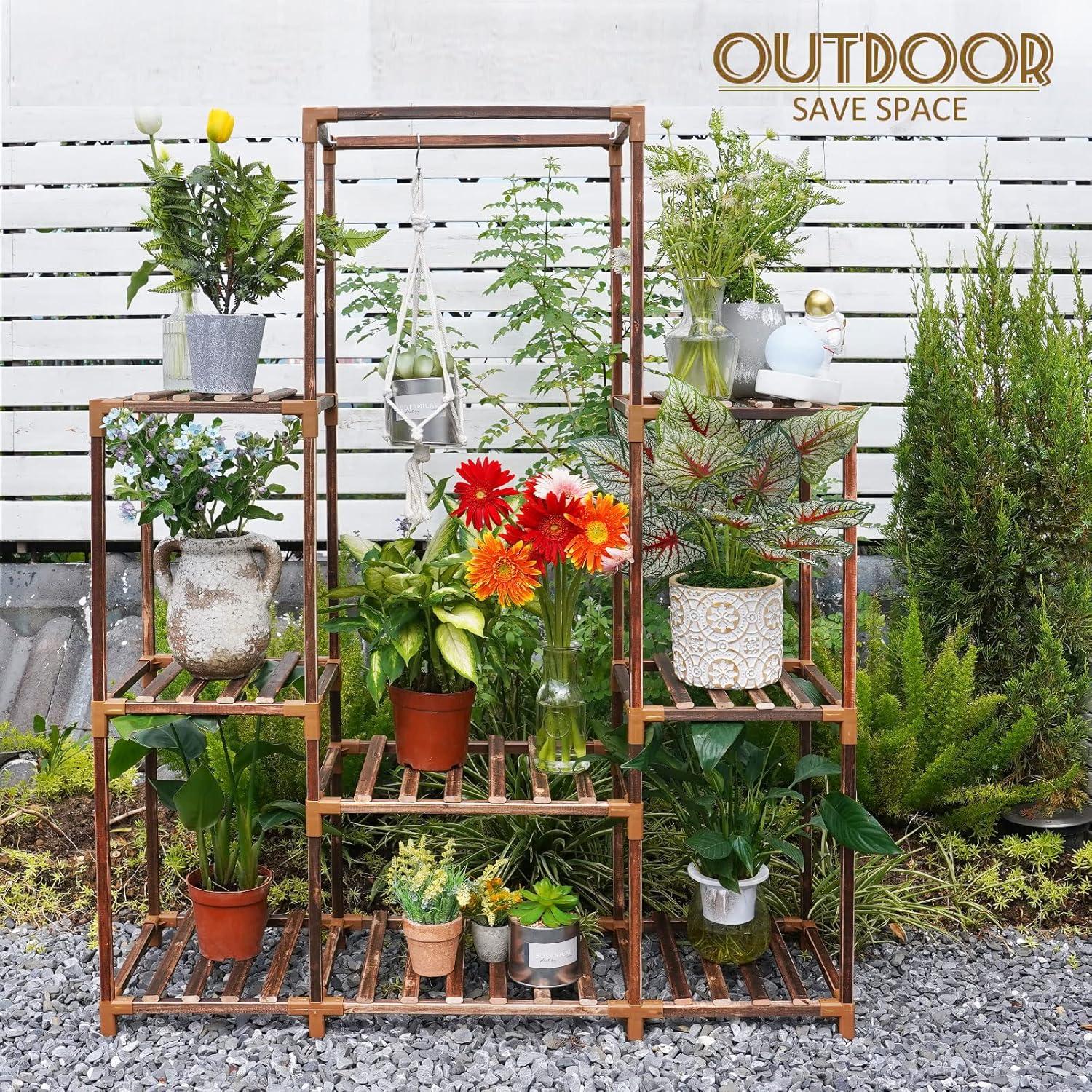 Tall Brown Pine Wood 8-Tier Indoor/Outdoor Plant Stand