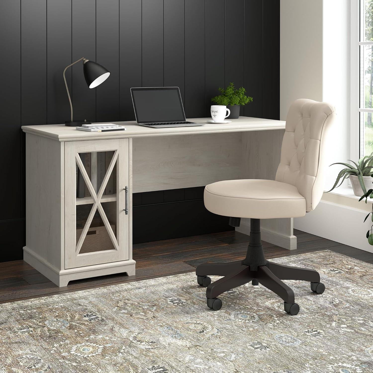 Bush Furniture Lennox 60W Farmhouse Desk with Storage Cabinet in Linen White Oak