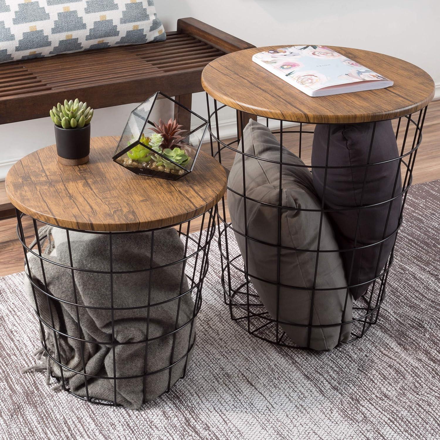 Round Wood and Metal Nesting Side Tables with Storage