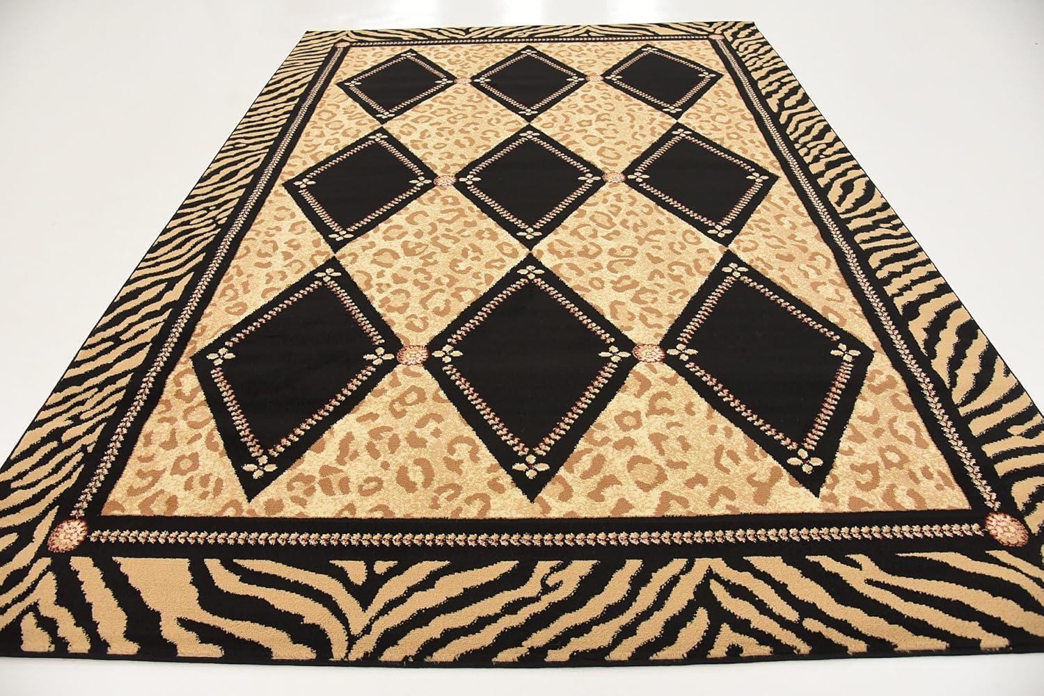 Wildlife Inspired Black and Light Brown Geometric Area Rug