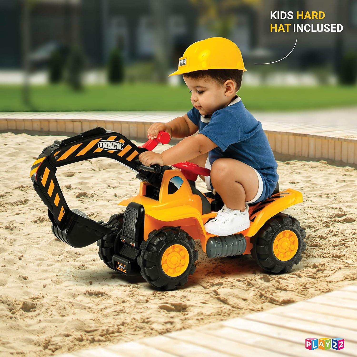 Toy Tractors For Kids Ride On Excavator - Music Sounds Digger Scooter Tractor Toys Bulldozer Includes Helmet With Rocks - Ride On Tractor Pretend Play - Toddler Tractor Construction Truck - By Play22