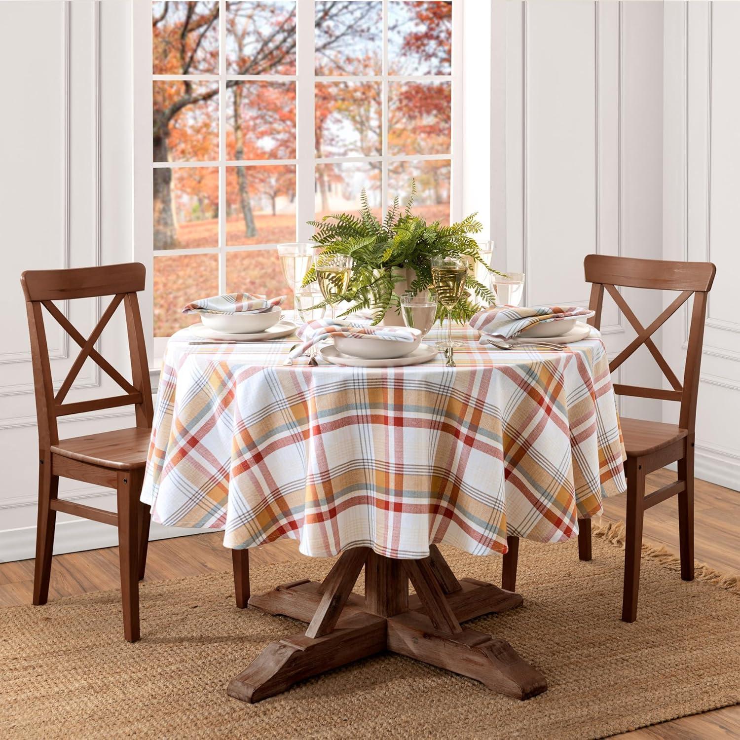 70" Round Plaid Harvest Fabric Tablecloth in Fall Colors