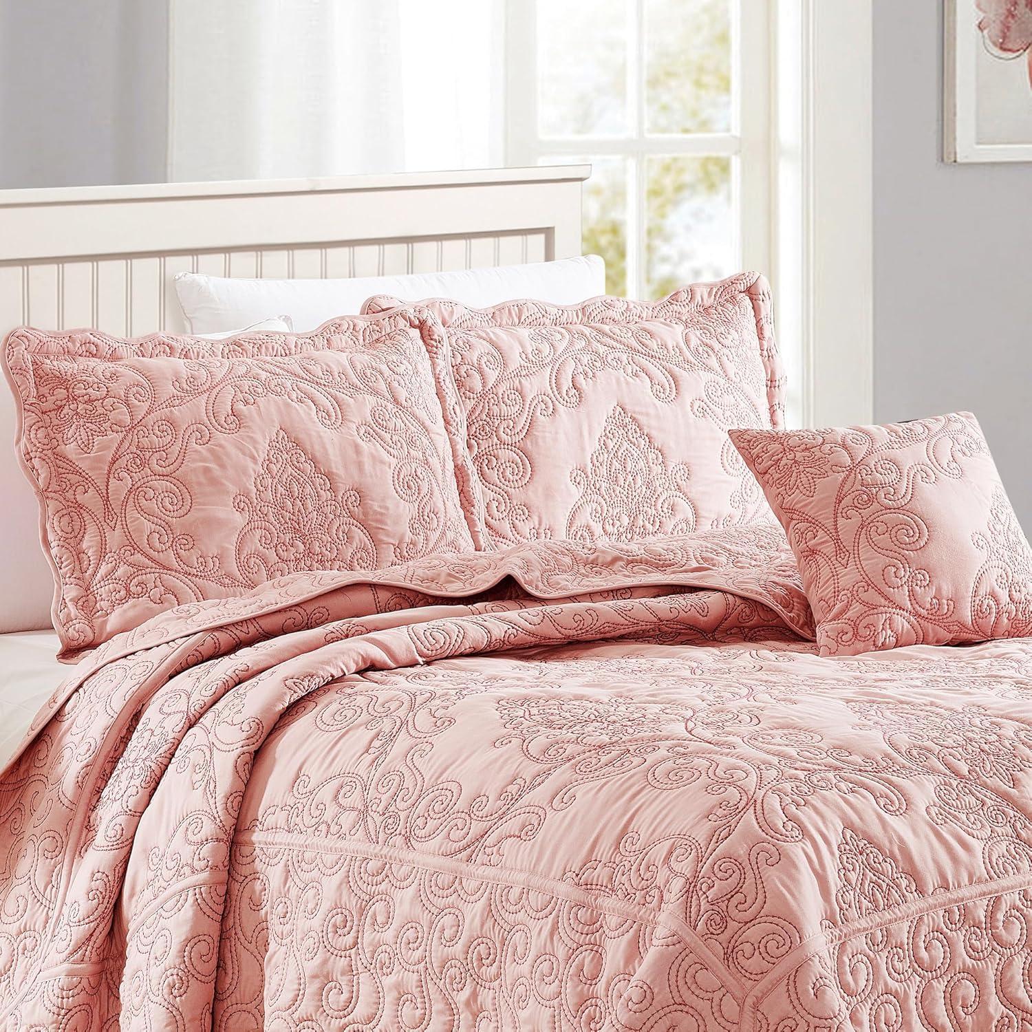 Home Soft Things 4 Piece Damask Embroidery Bedspread Set