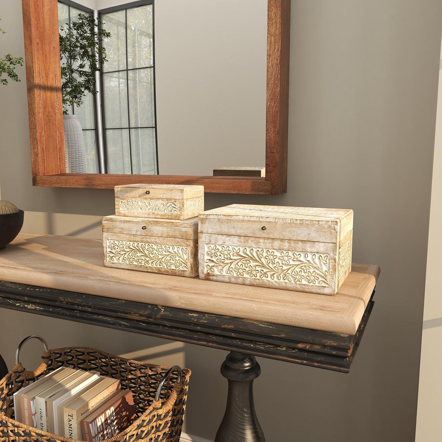 Set of 3 Whitewashed Mango Wood Carved Lidded Boxes