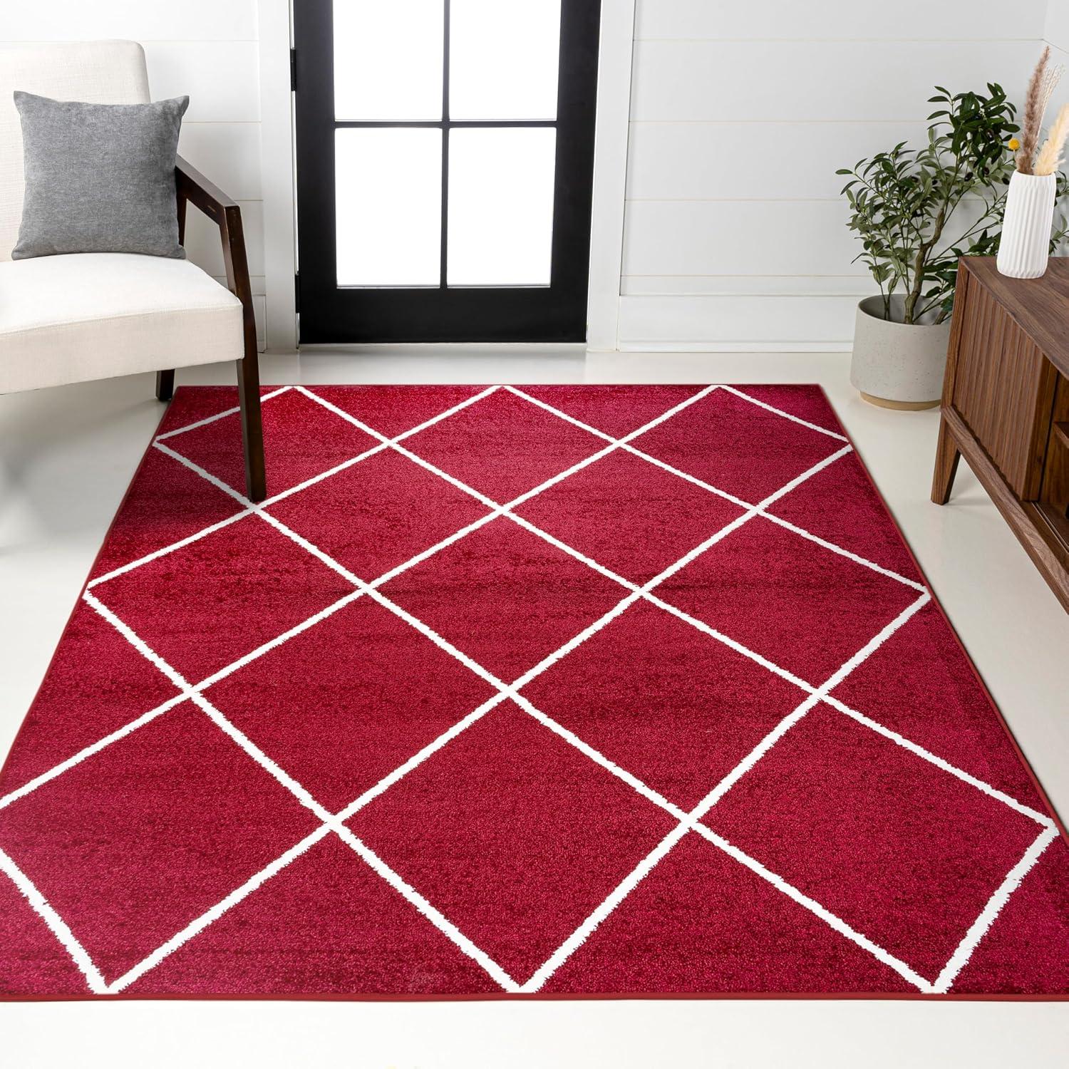 4'x6' Cole Minimalist Diamond Trellis Area Rug, Red/White - JONATHAN Y