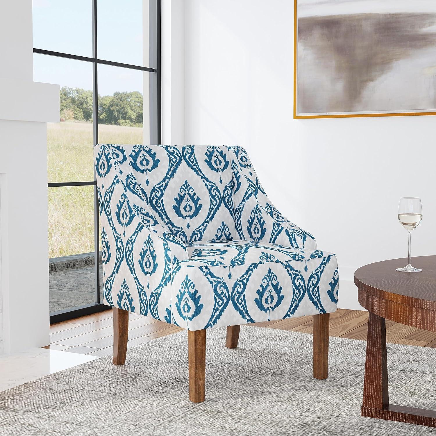 Blue Ikat Medallion Print Swoop Arm Accent Chair with Wood Legs