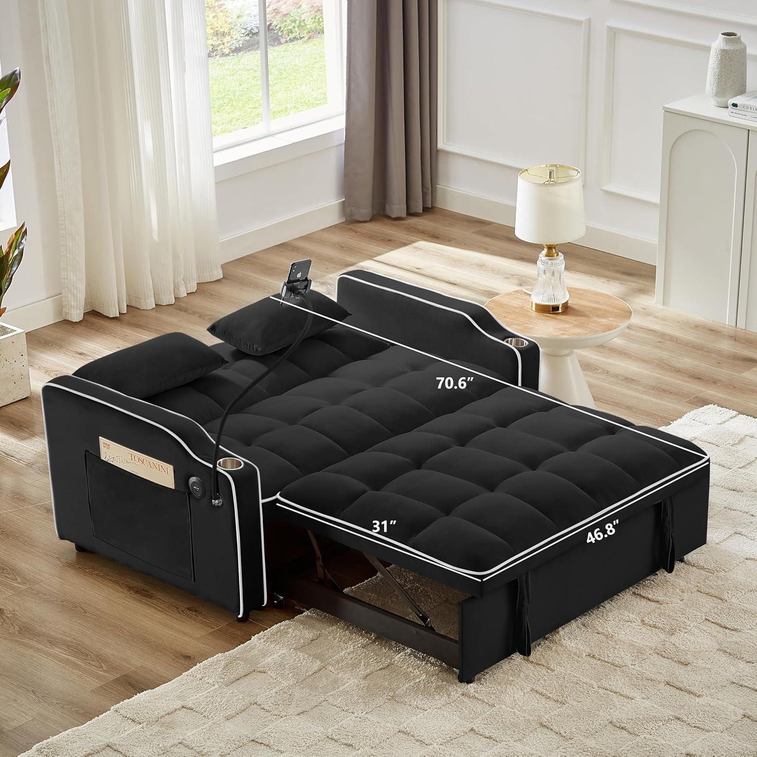 Black Velvet Convertible Sleeper Sofa with USB Ports