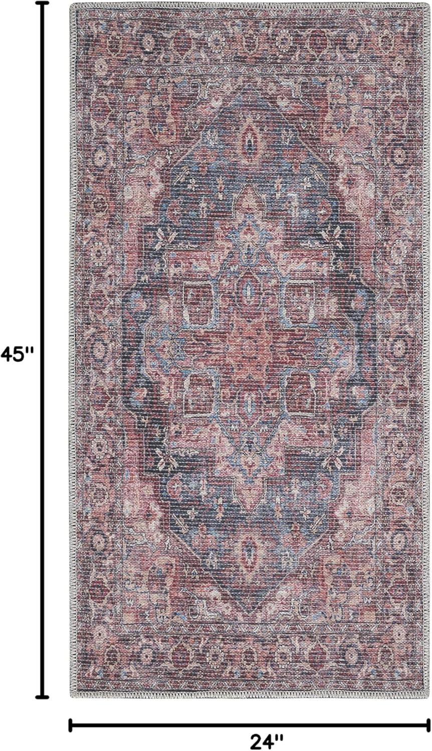 Machine Washable Oriental Blue/Brick Red Area Rug