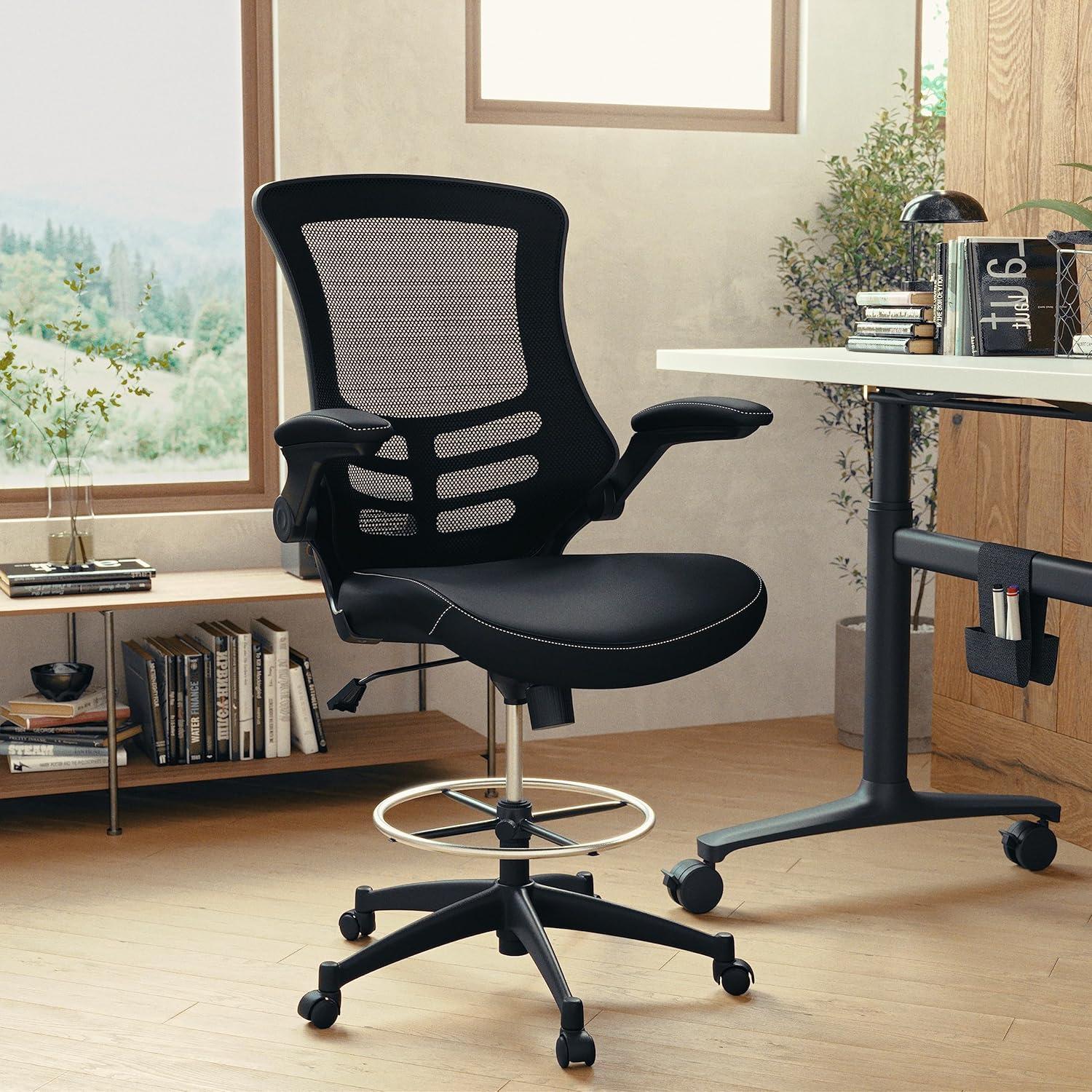 Flash Furniture Kelista Mid-Back Black Mesh Ergonomic Drafting Chair with LeatherSoft Seat, Adjustable Foot Ring and Flip-Up Arms