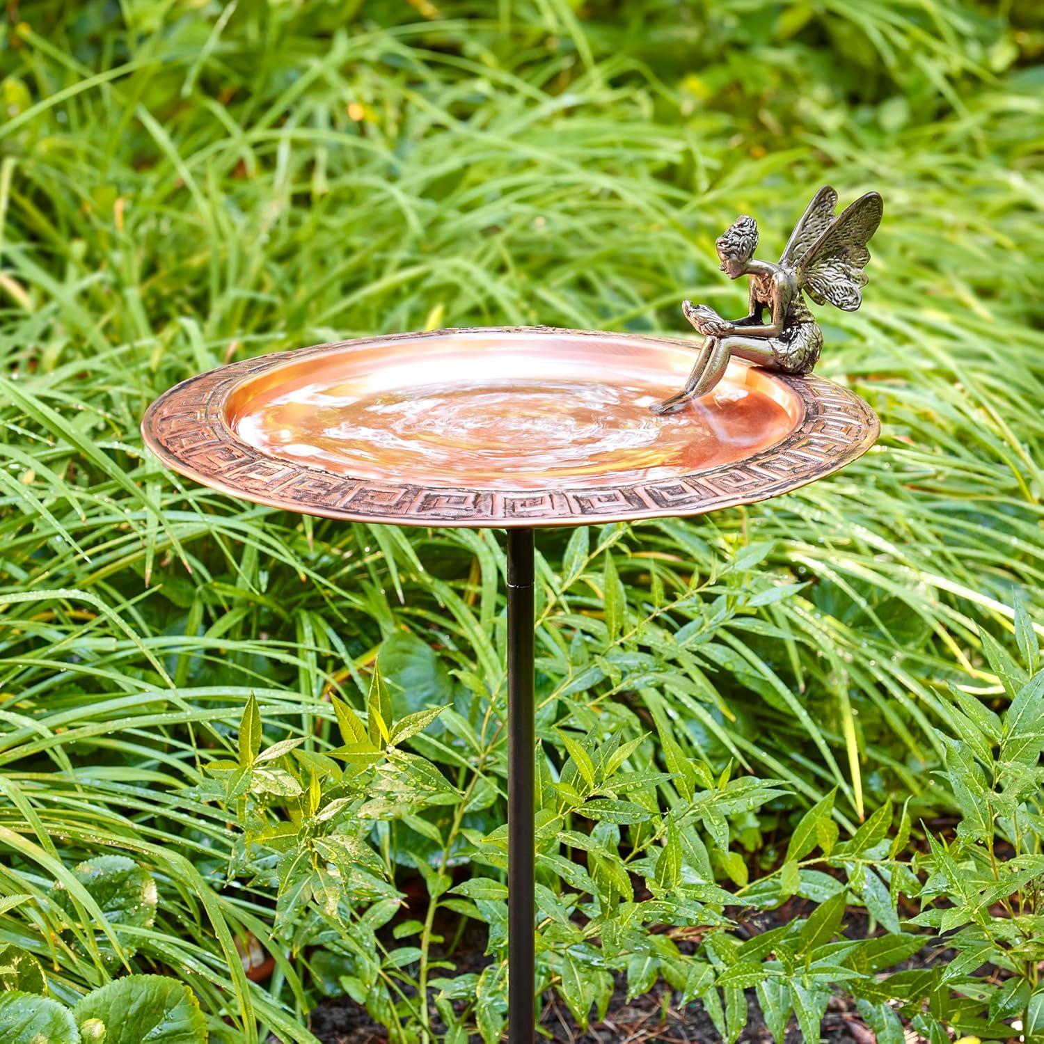 18" Copper Greek Bird Bath with Fairy and Garden Stake