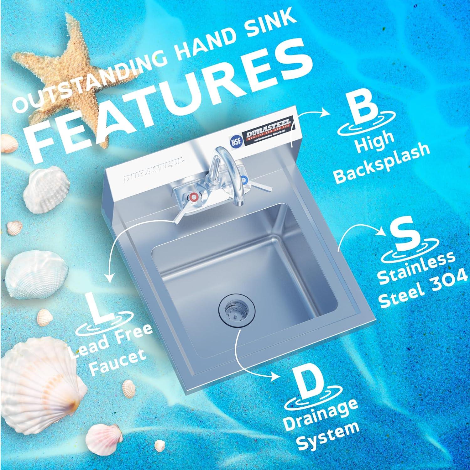 DuraSteel Stainless Steel Sink - NSF Commercial Wall Mount Kitchen Sink - Small Hand Sink with 12" x 10" x 5.5"D Wash Basin - With Sink Strainer and Faucet - For Laundry, Restaurants, Bars, and More