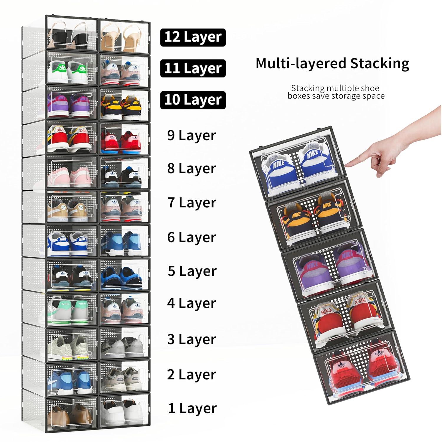 12 Pack Clear Plastic Stackable Shoe Storage Bins with Black Frame