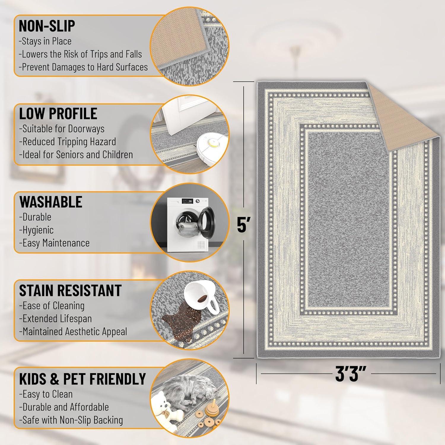 Ottomanson Machine Washable Non-Slip Rubberback Bordered 3x5 Indoor Area Rug, 3'3" x 5', Light Gray