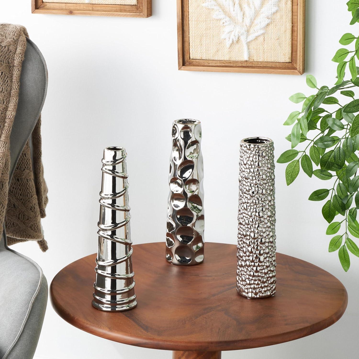Elegant Trio Silver Ceramic Decorative Vases 12" Set of 3