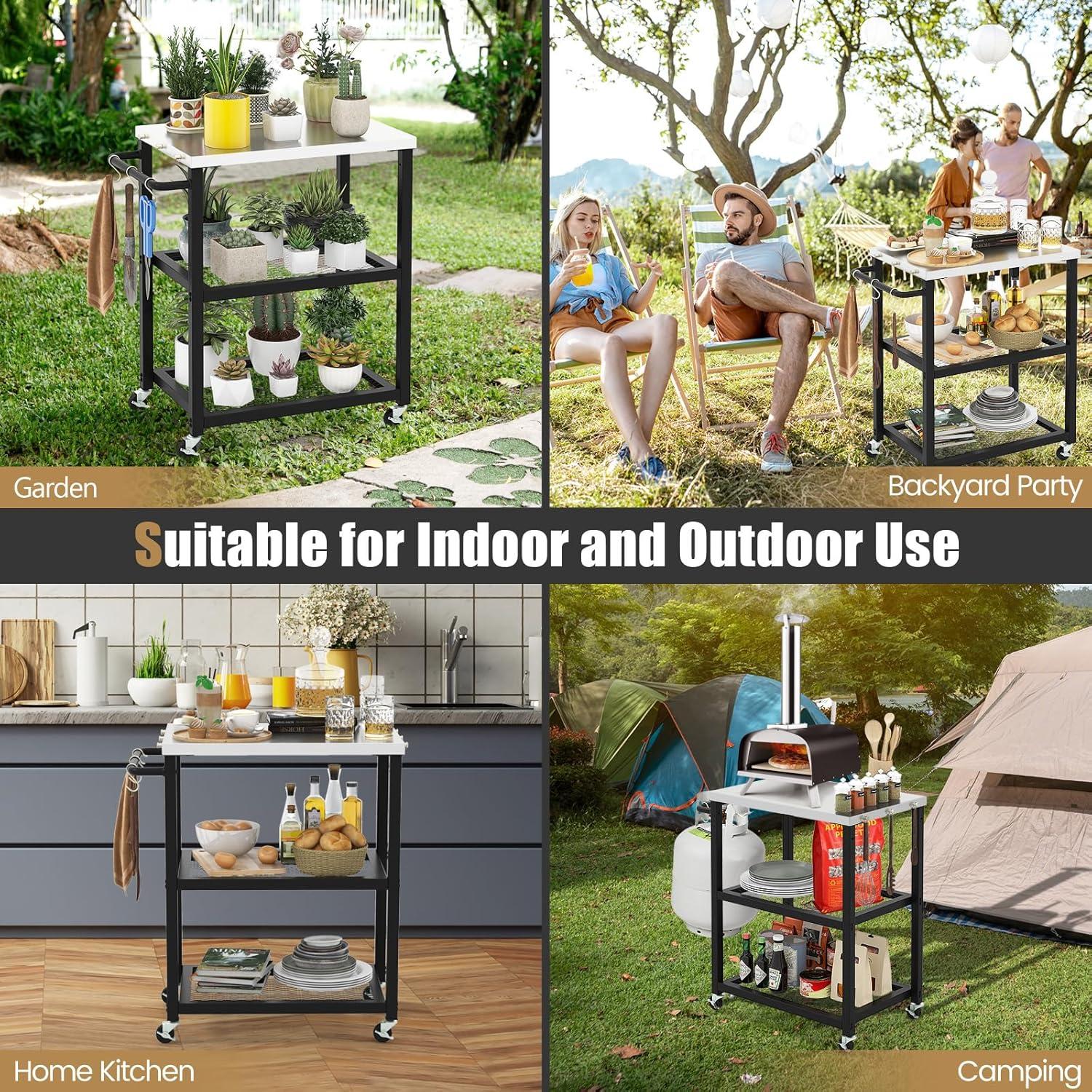 Werqueid Outdoor Grill Cart Table Pizza Oven Stand, Three-Shelf Stainless Steel Food Prep Table Patio BBQ Grill Table Bar Cart Kitchen Island with Wheels