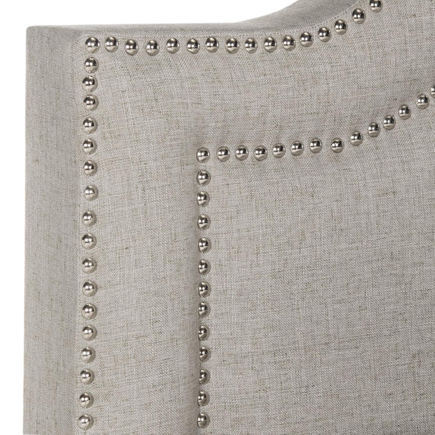 Beige Linen Upholstered Queen Platform Bed with Nailhead Trim