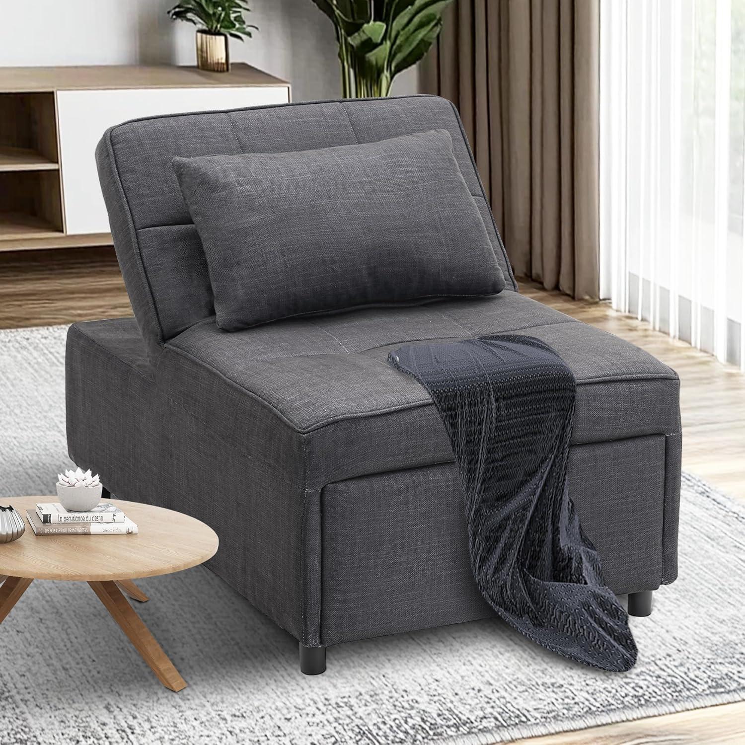 Ainfox 4-in-1 Convertible Sleeper Chair Bed Pull Out Sofa Bed Chaise Lounge for Home Office, Grey
