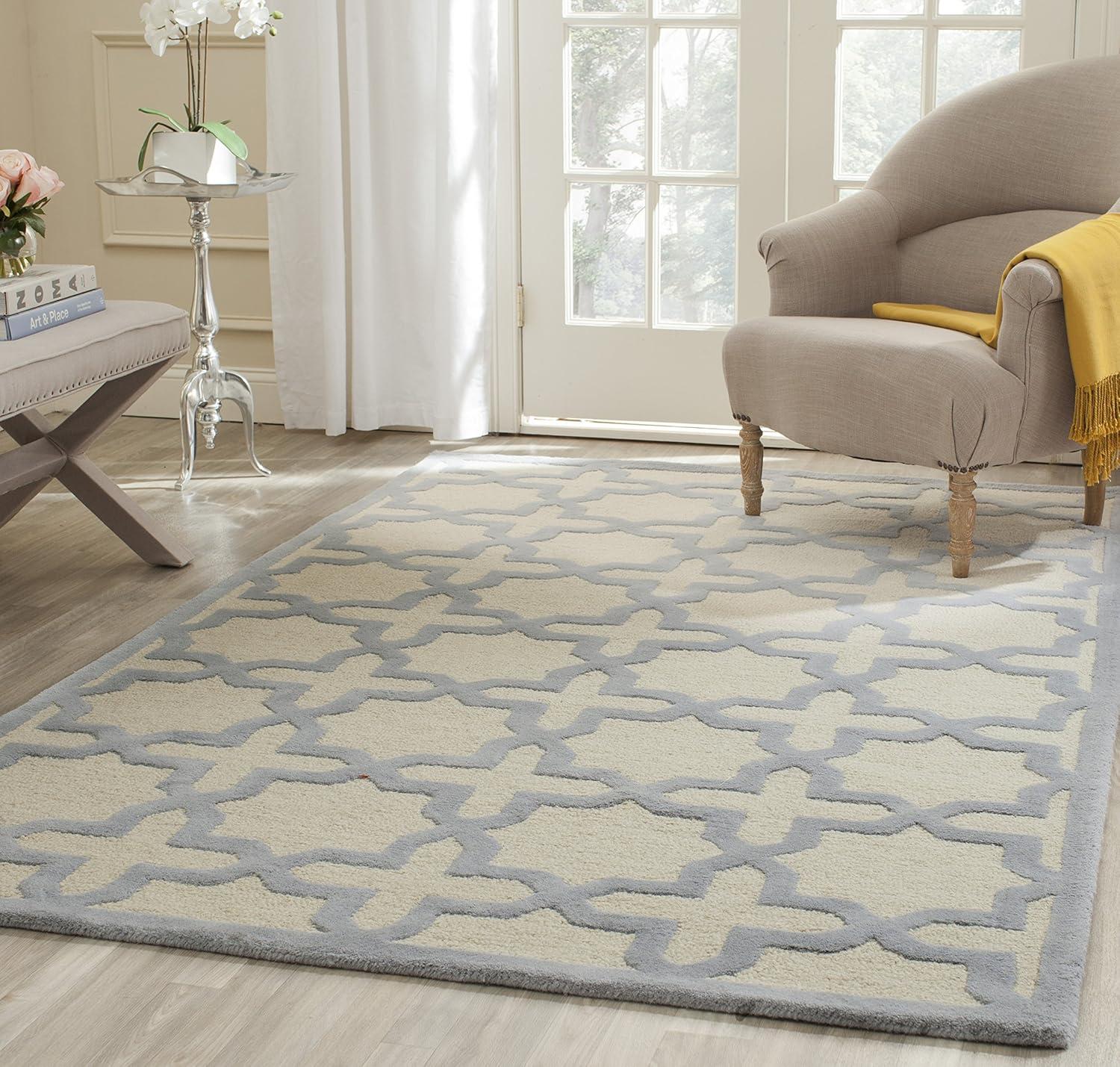 Ivory and Light Blue Hand-Tufted Wool Geometric Rug, 4' x 6'