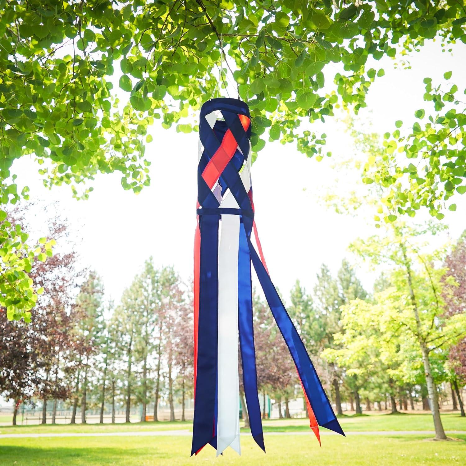 In the Breeze 5217 — Red, White & Blue Diagonal Weave 40" Windsock — Patriotic Lattice Windsock with Color-Coordinated Tails, Fourth of July Decoration