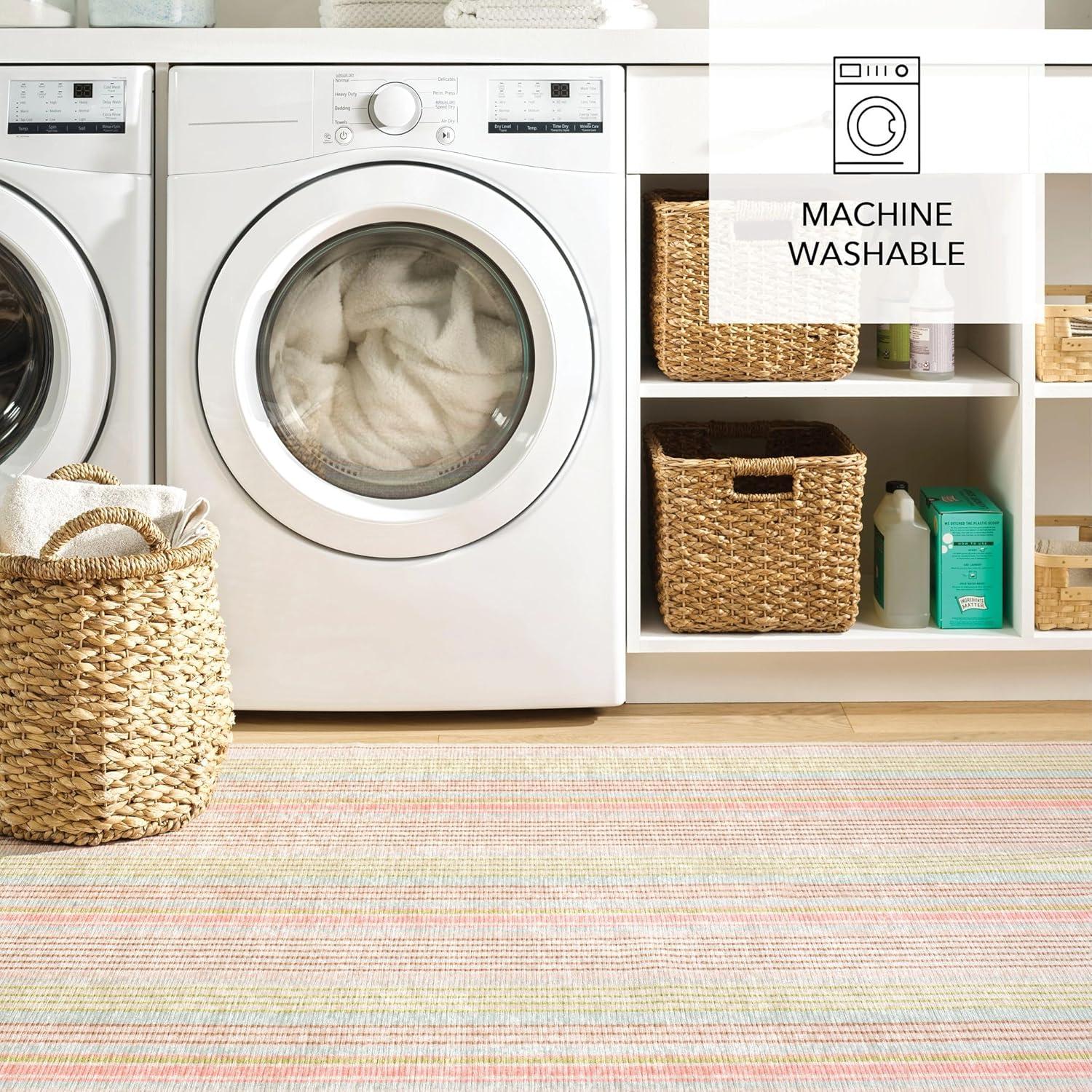 Blue Awning Stripe Machine Washable Rug