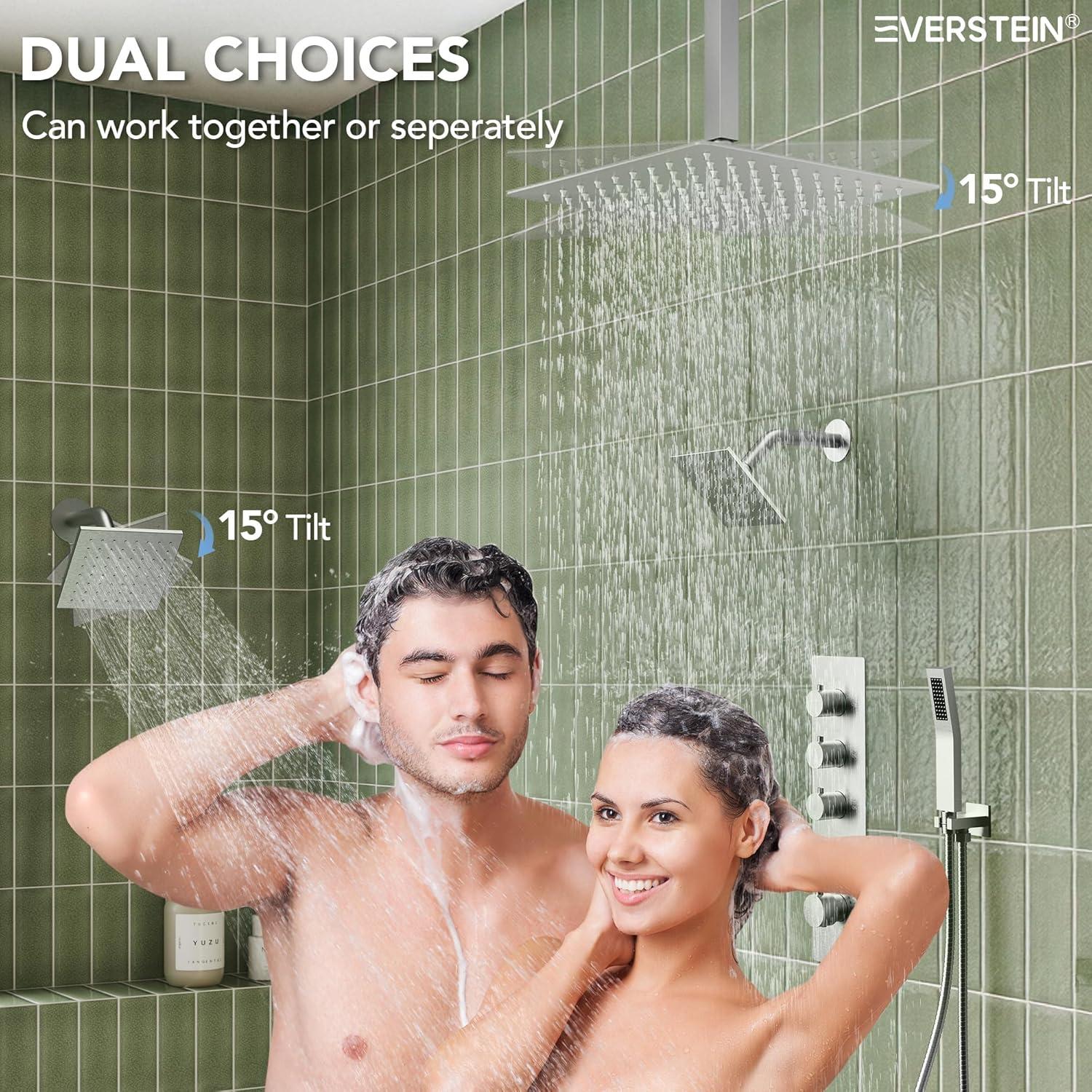 15-Spray Patterns 16" & 6" Triple Shower Heads, Shower FaucetSystem with Thermostatic Rough-in Valve