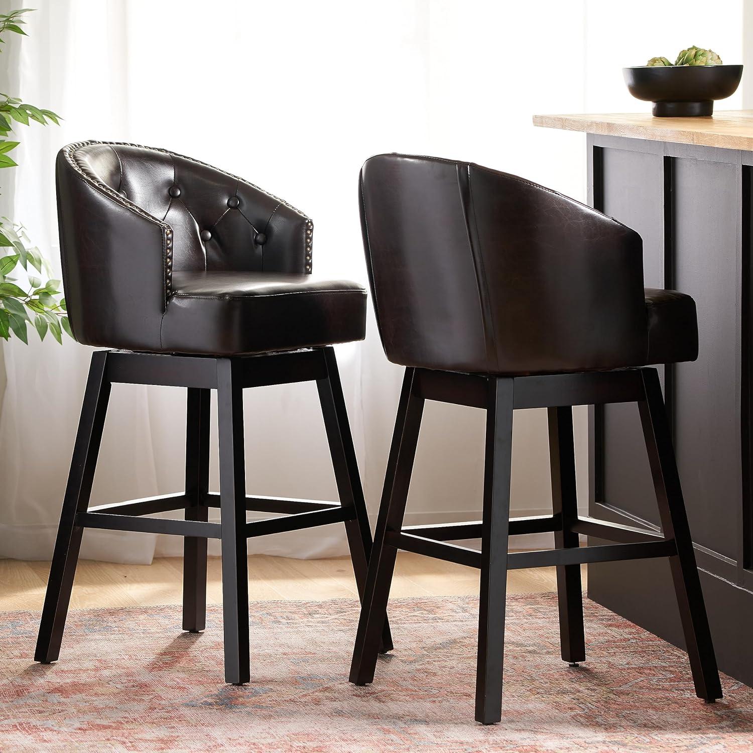 Espresso Stained Swivel Leather Barstool Set in Brown