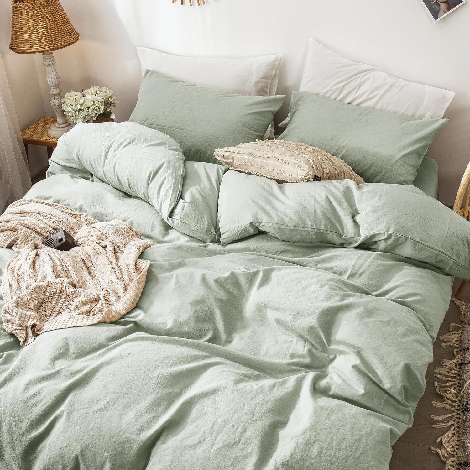 Sage Green King Linen-Like Cotton Duvet Cover Set