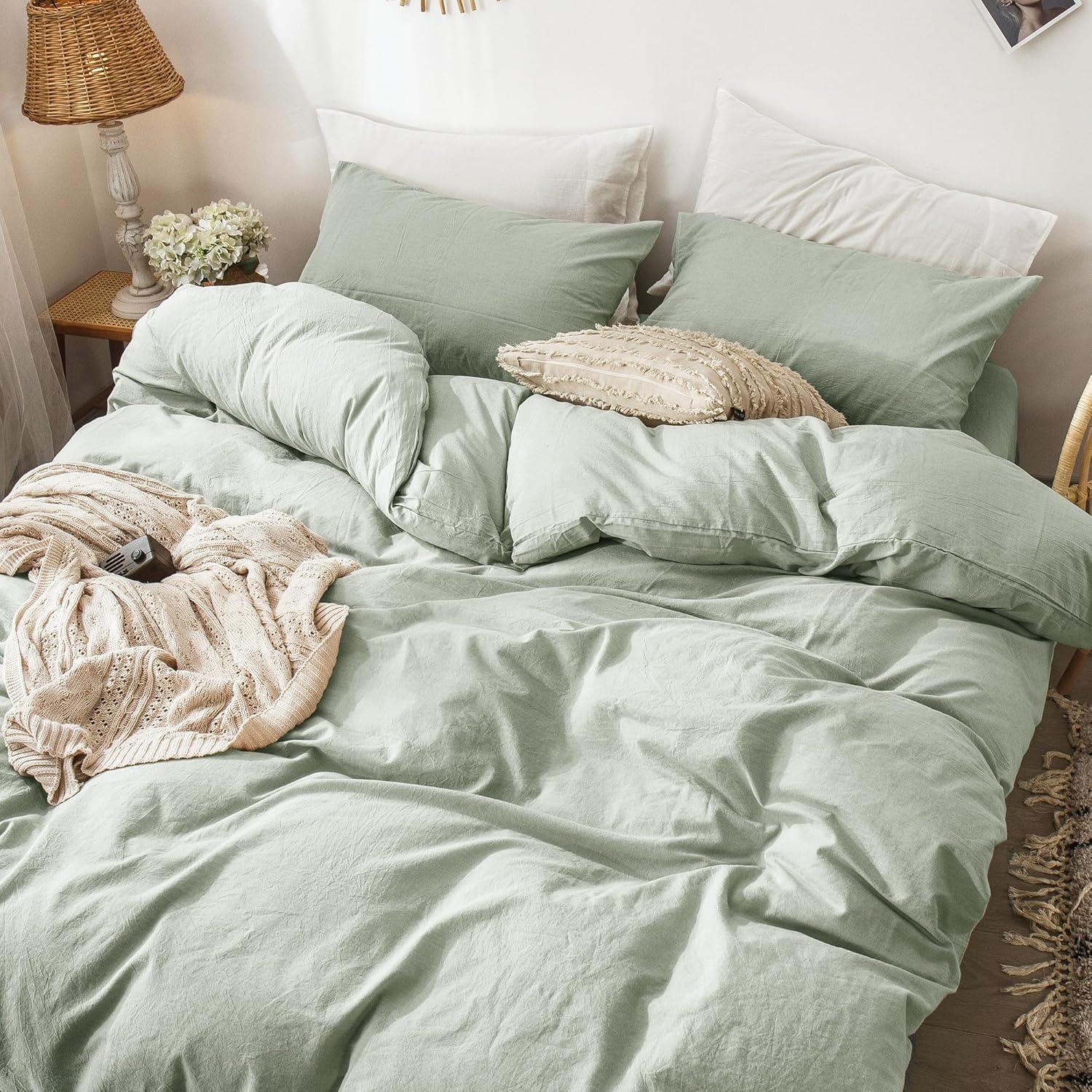 MOOMEE 100% Washed Cotton Linen Like Textured Duvet Cover Set