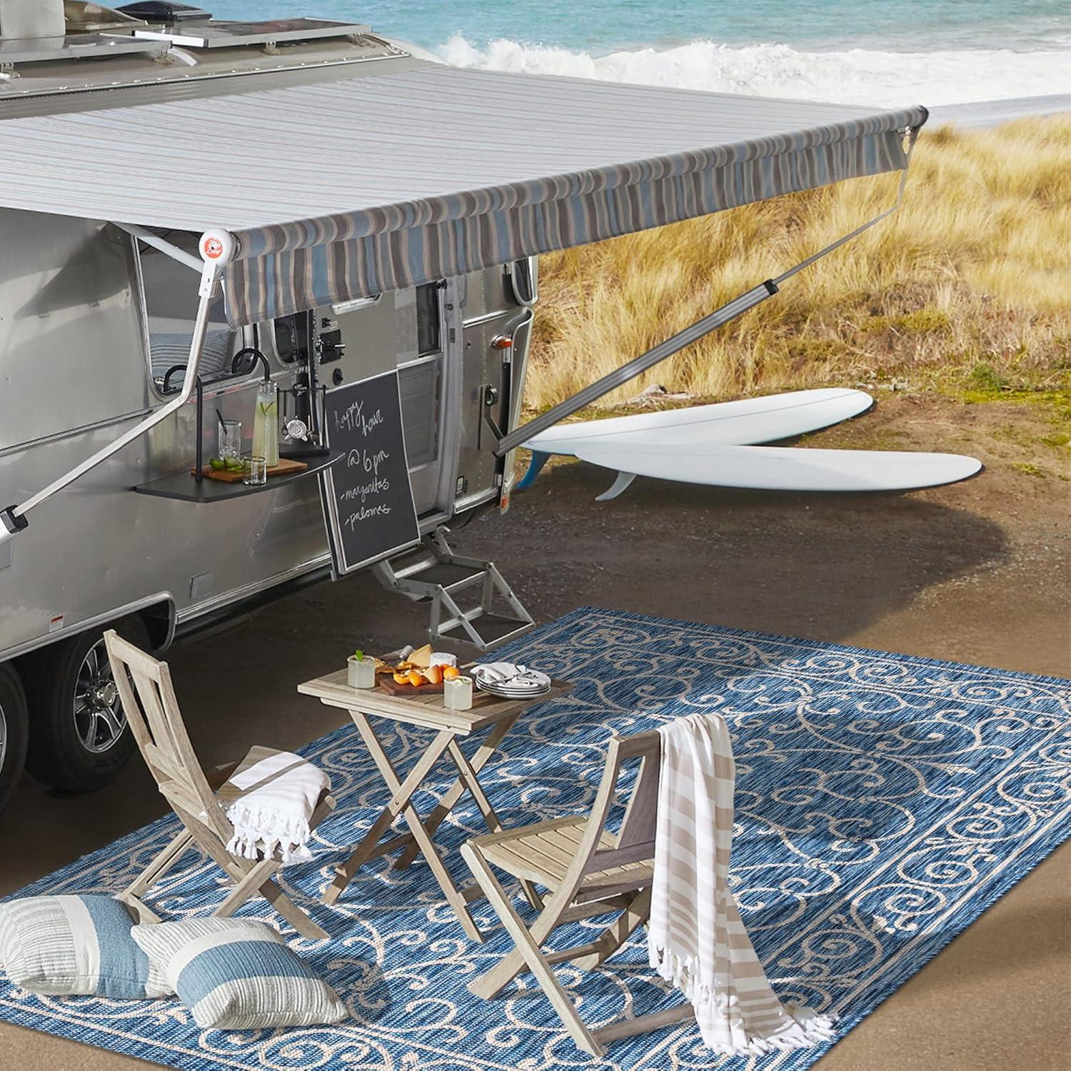 9' X 12' Charleston Vintage Filigree Textured Weave Indoor/Outdoor Area Rug, Navy/Gray - JONATHAN Y