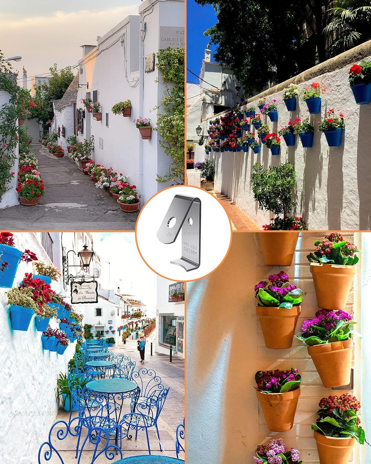 NACETURE Stainless Steel Plant Hangers Flower Pot Clips 12 Pcs - Outdoor Wall Hook Metal Plant Stand Holds 5" to 8" Standard Flower Pot