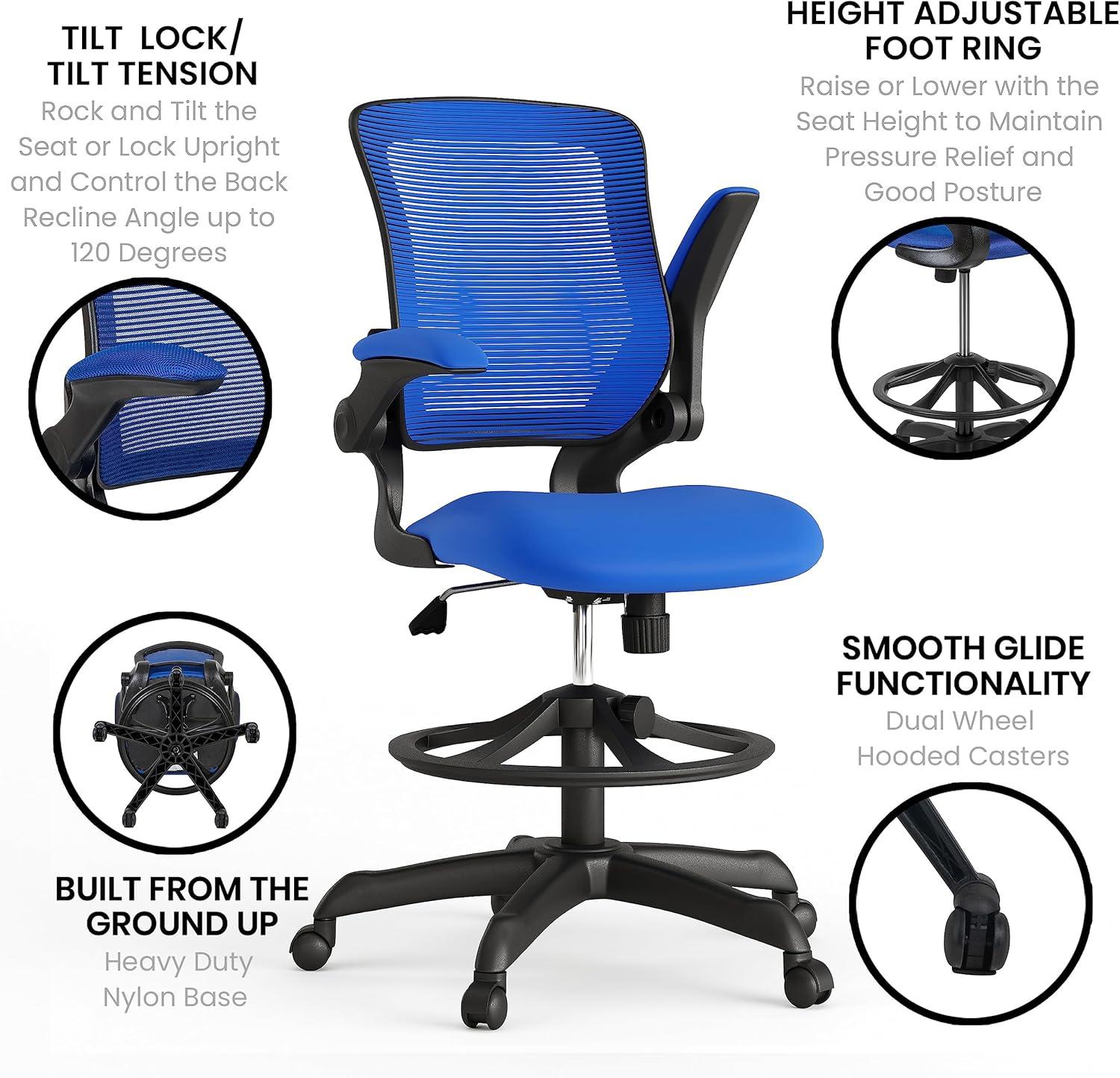 Flash Furniture Mid-Back Mesh Ergonomic Drafting Chair with Adjustable Foot Ring and Flip-Up Arms