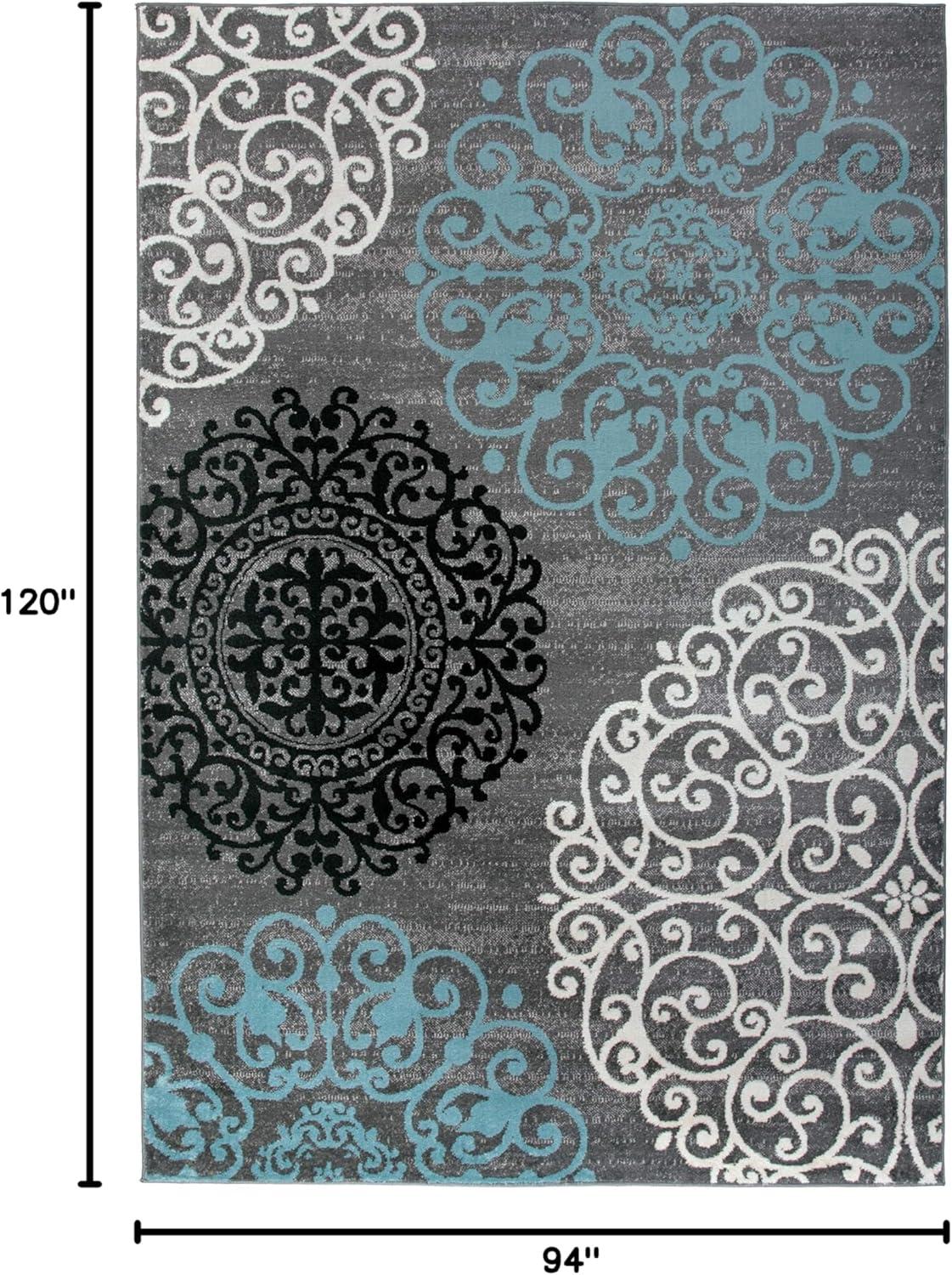 Gray and Blue Floral Synthetic Low Pile Area Rug