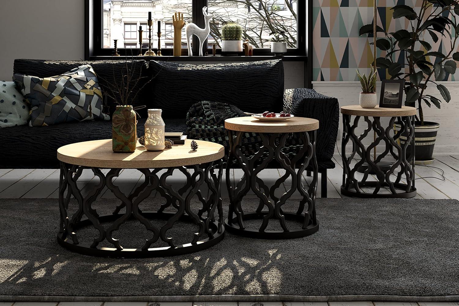 Round Natural Wood Coffee Table with Curved Motif Frame