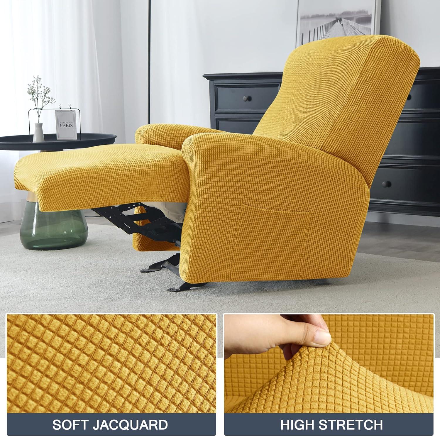 Stretch Recliner Cover, 4-Piece Sofa Covers Thick Single Seat Couch Cover Soft Jacquard Recliner Slipcover (Yellow)