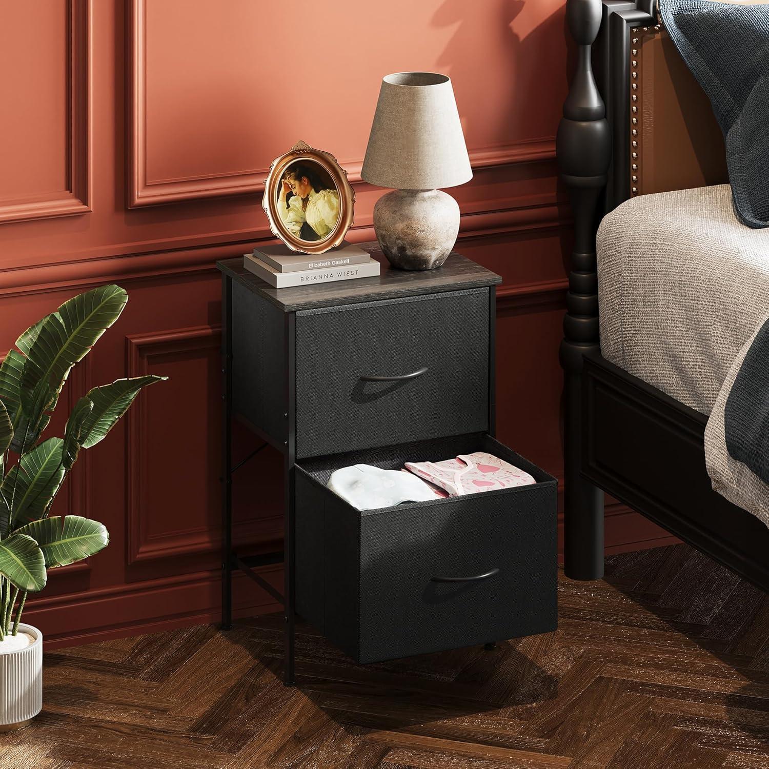 Black Fabric 2-Drawer Nightstand with Steel Frame