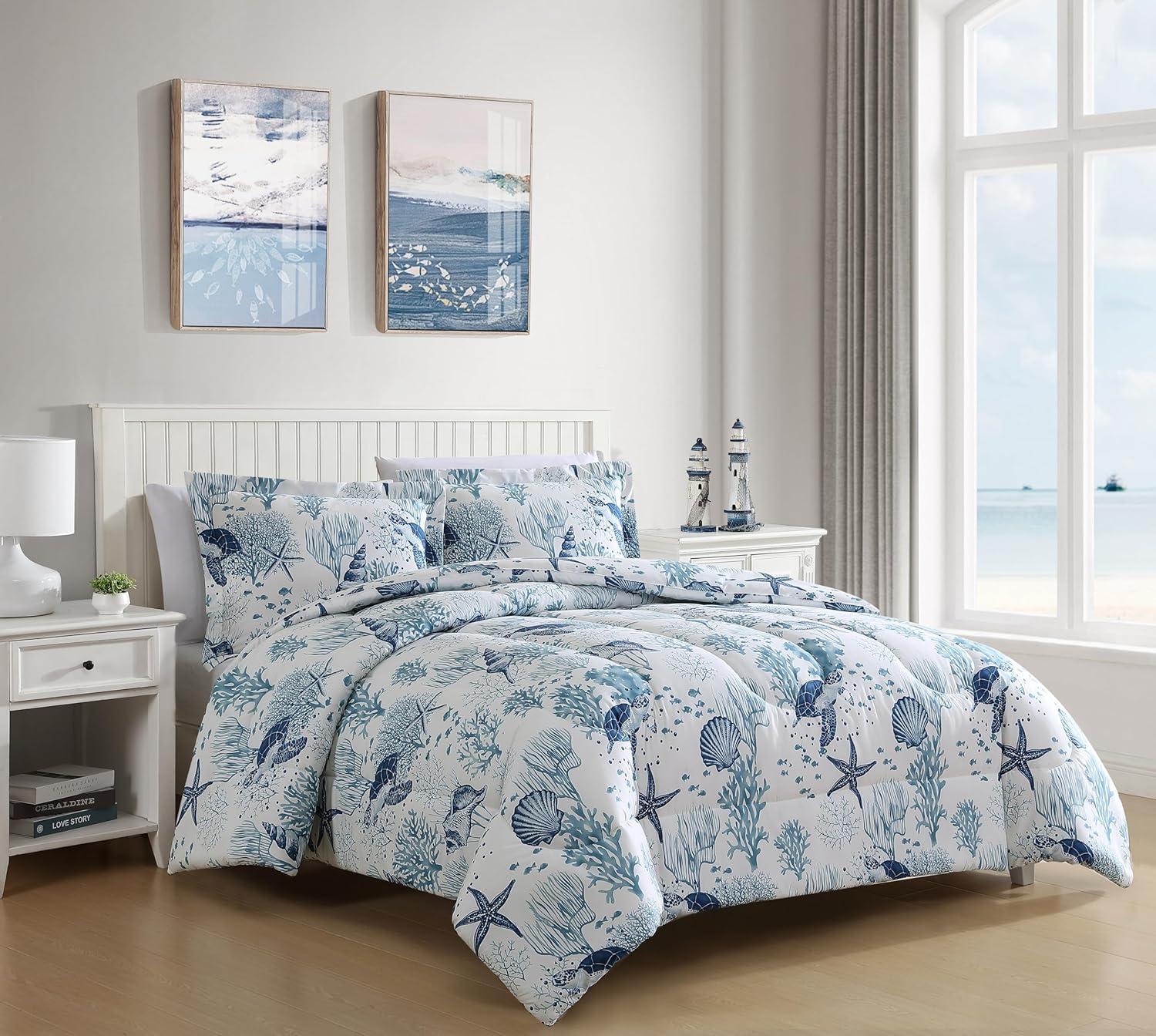 Full/Queen Blue and White Microfiber Coastal Comforter Set