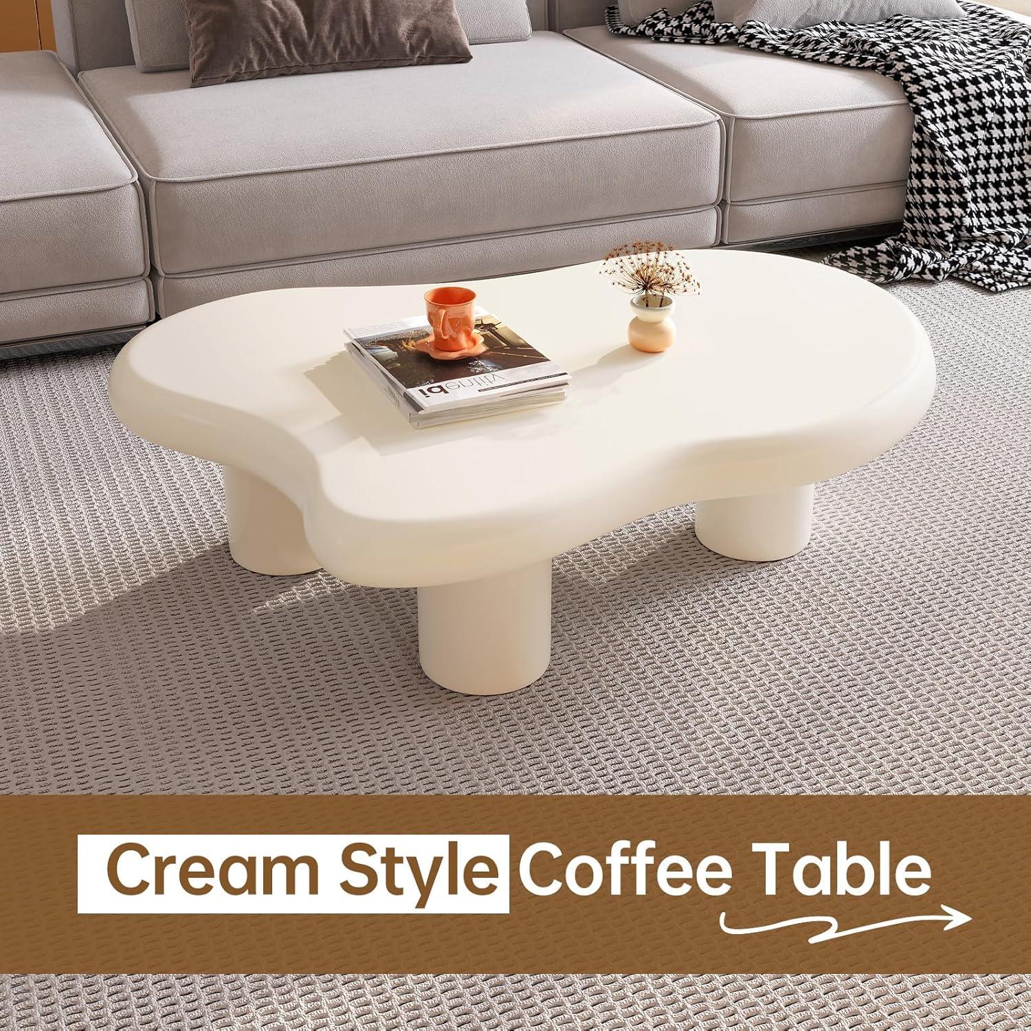 Guyii 41.02" Cream White Cloud Coffee Table, Irregular Coffee Table with 3 Legs for Living Room, Office